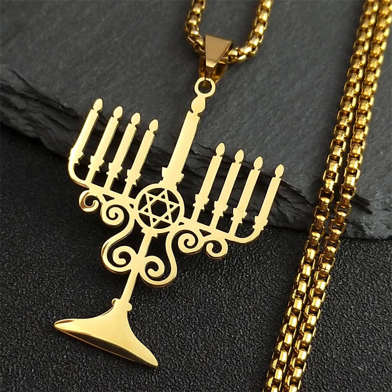 Judaica Israel Lamp Hanukkah Menorah Necklace for Women Men Stainless Steel Silver Color Star of David Necklace Jewelry N8062S02