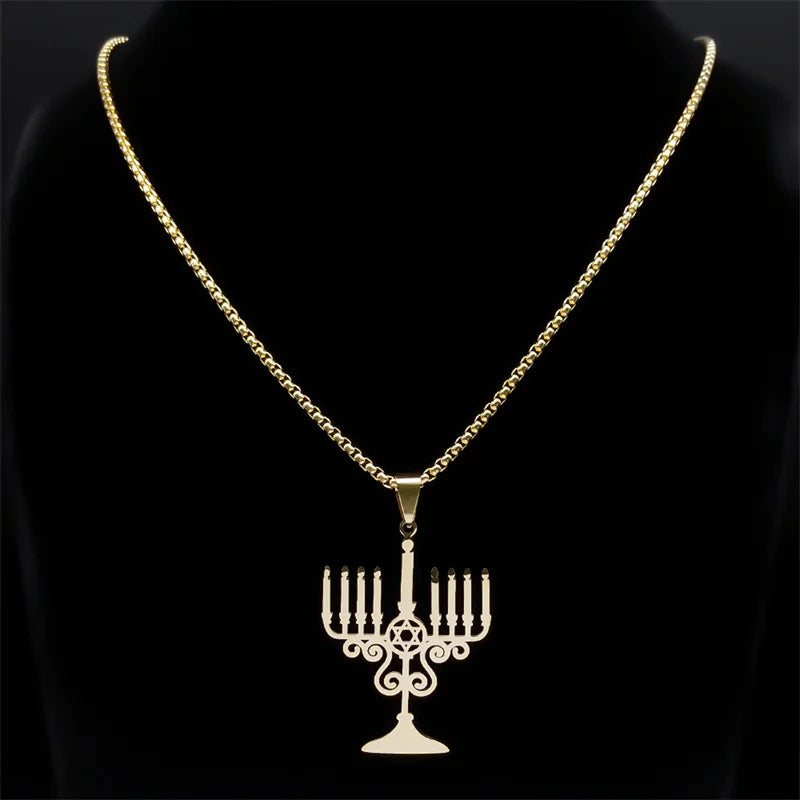 Judaica Israel Lamp Hanukkah Menorah Necklace for Women Men Stainless Steel Silver Color Star of David Necklace Jewelry N8062S02