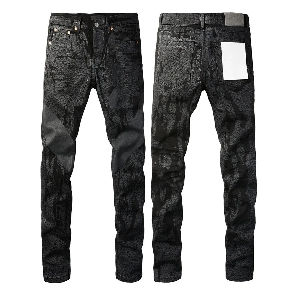 New Fashion Jeans Men High Street Black Splashing ink graffiti Distressed Hole Stretch Skinny Button Fly Ripped Jeans Brand