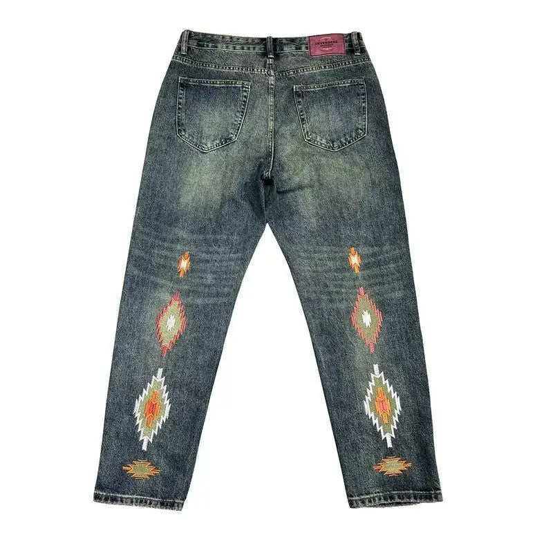 Fashion Brand Retro Washed Pure Cotton Jeans for Men Loose Small Right Angle Personalized Embroidery Versatile Casual Pants