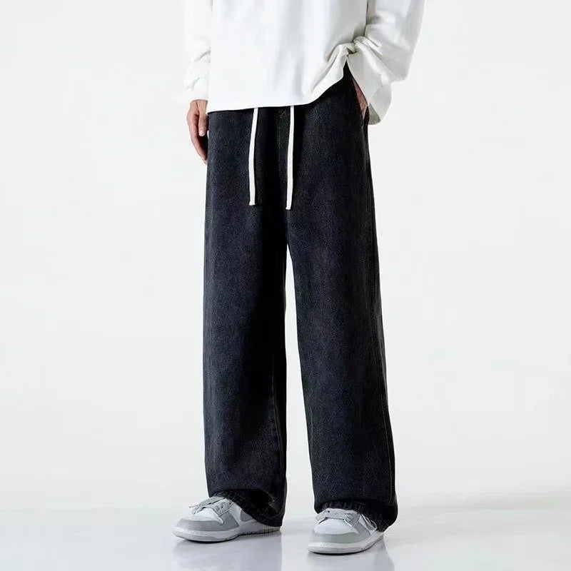 Fashion Men's Solid Color Drape Jeans Loose Straight Korean Vintage High Street Hip-hop Casual Daily Dragging Wide-leg Pants