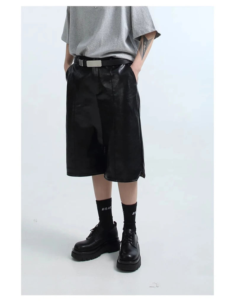 Mauroicardi Spring Summer Loose Casual Soft Black Pu Leather Shorts for Men Mens Elastic Waist Short Straight Pants Clothes 2023
