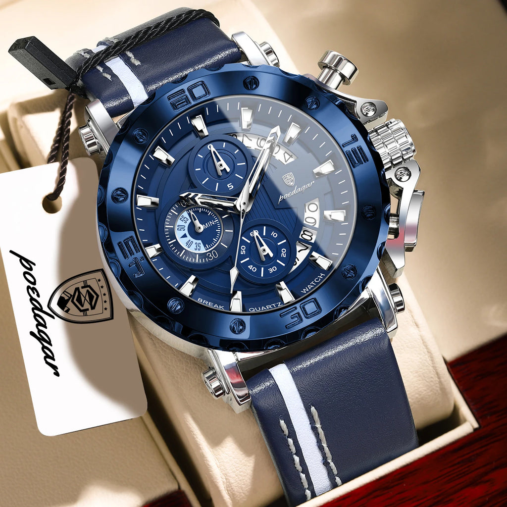 POEDAGAR Sports Watches For Man Waterproof Luminous Date Male Clock Chronograph Leather Quartz Functional Men's Wristwatch Reloj