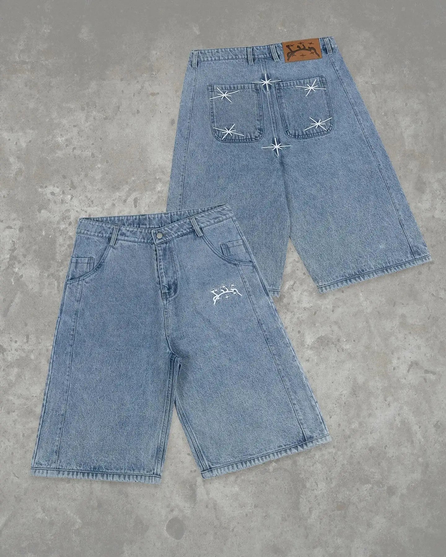 New Divin Street Geometry Graphic Embroidery Baggy Denim Shorts Y2k Retro Hip Hop Trendy Gym Basketball Shorts Men Women Jorts