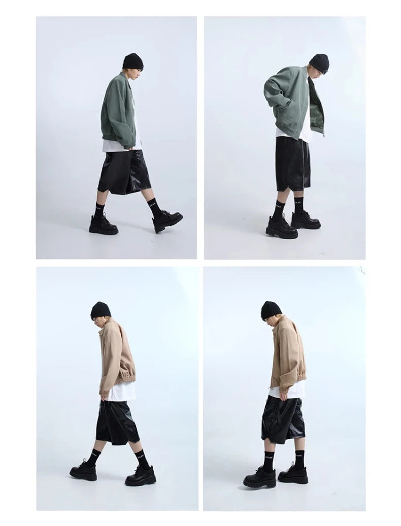 Mauroicardi Spring Summer Loose Casual Soft Black Pu Leather Shorts for Men Mens Elastic Waist Short Straight Pants Clothes 2023