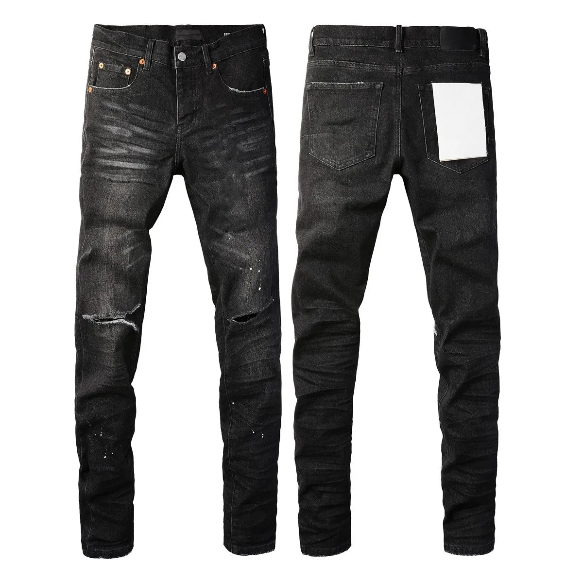 New Fashion Jeans Men High Street Black Splashing ink graffiti Distressed Hole Stretch Skinny Button Fly Ripped Jeans Brand