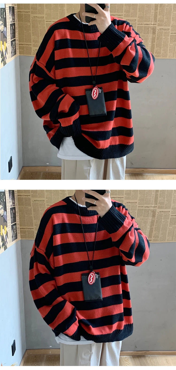 Classic Vintage Striped Sweater Men's Casual Japanese Trendy Red White Pullover Loose Round Neck Couple's Jumper Street Kintwear