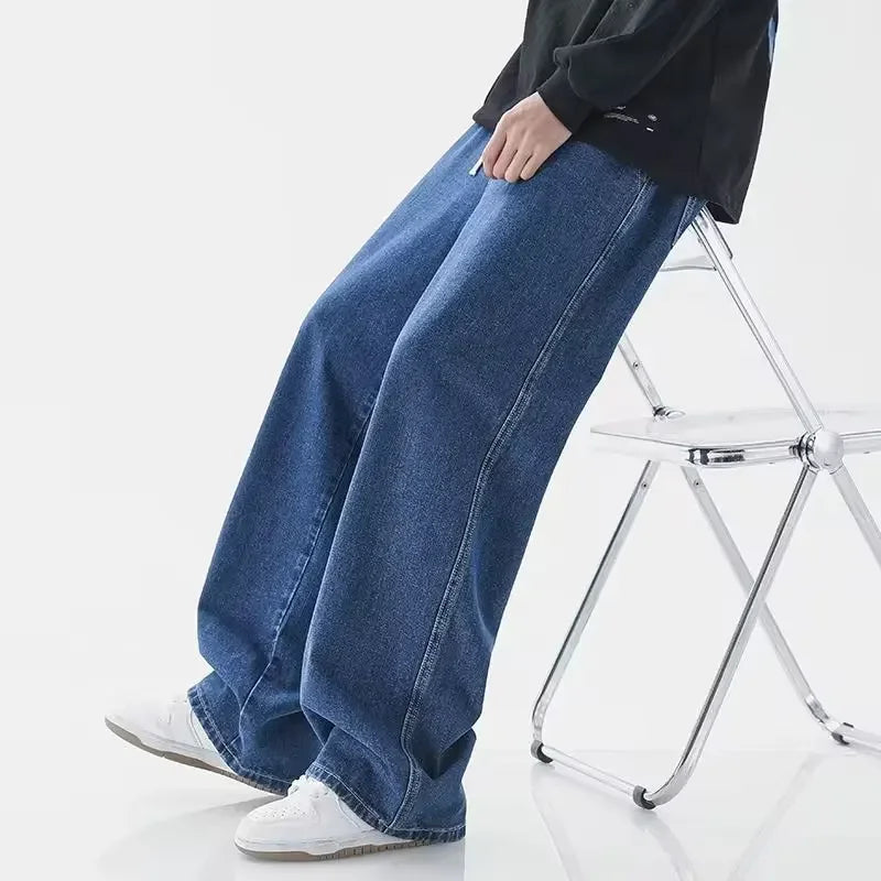 Fashion Men's Solid Color Drape Jeans Loose Straight Korean Vintage High Street Hip-hop Casual Daily Dragging Wide-leg Pants