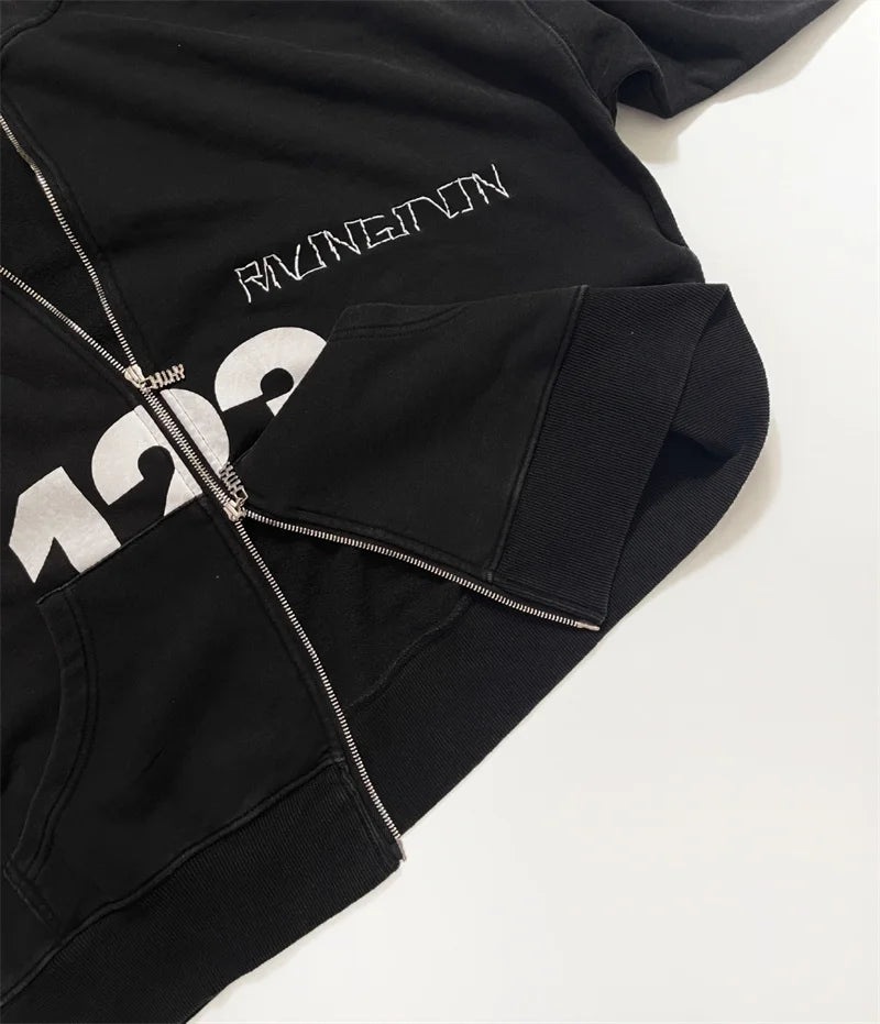 Heavyweight Fabric RRR123 Digital Embroidery Hooded Sweatshirt Washed Black Oversized Men Women Premium Quality Hoodie