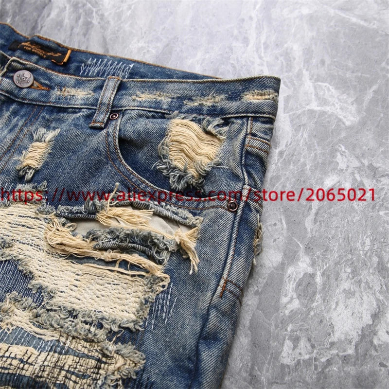 Washed Damaged Embroidery Patches Vintage Denim Jeans Men Women 1:1 Best Quality Pants