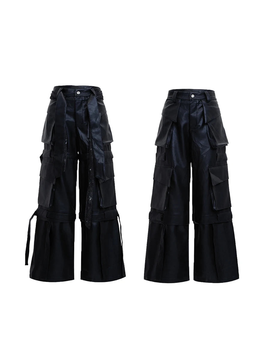 Mauroicardi Autumn Cool Long Baggy Black Pu Leather Wide Leg Cargo Pants Men Many Pockets Luxury Designer Emo Clothes Streetwear