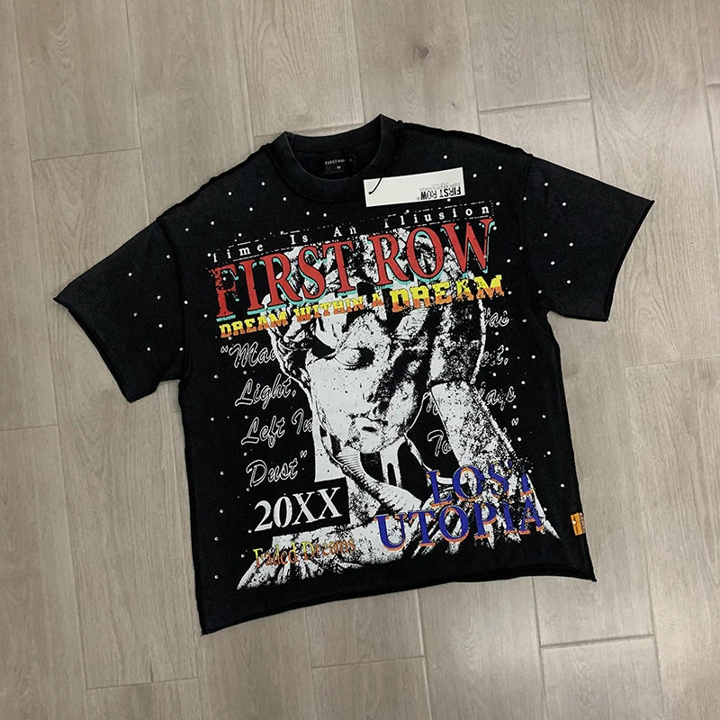 Casual FIRST ROW T-Shirts Washed  Street Fashion American Style Hot Drill Letters Mens Womens High Quality Short Sleeves Tee