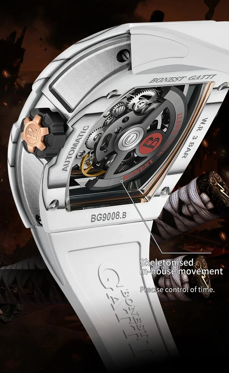 BONEST GATTI Carbon Fiber Case Men Automatic Movement Wristwatch Skeleton Warrior Sapphire Glass Mechanical Watches for Men 2025