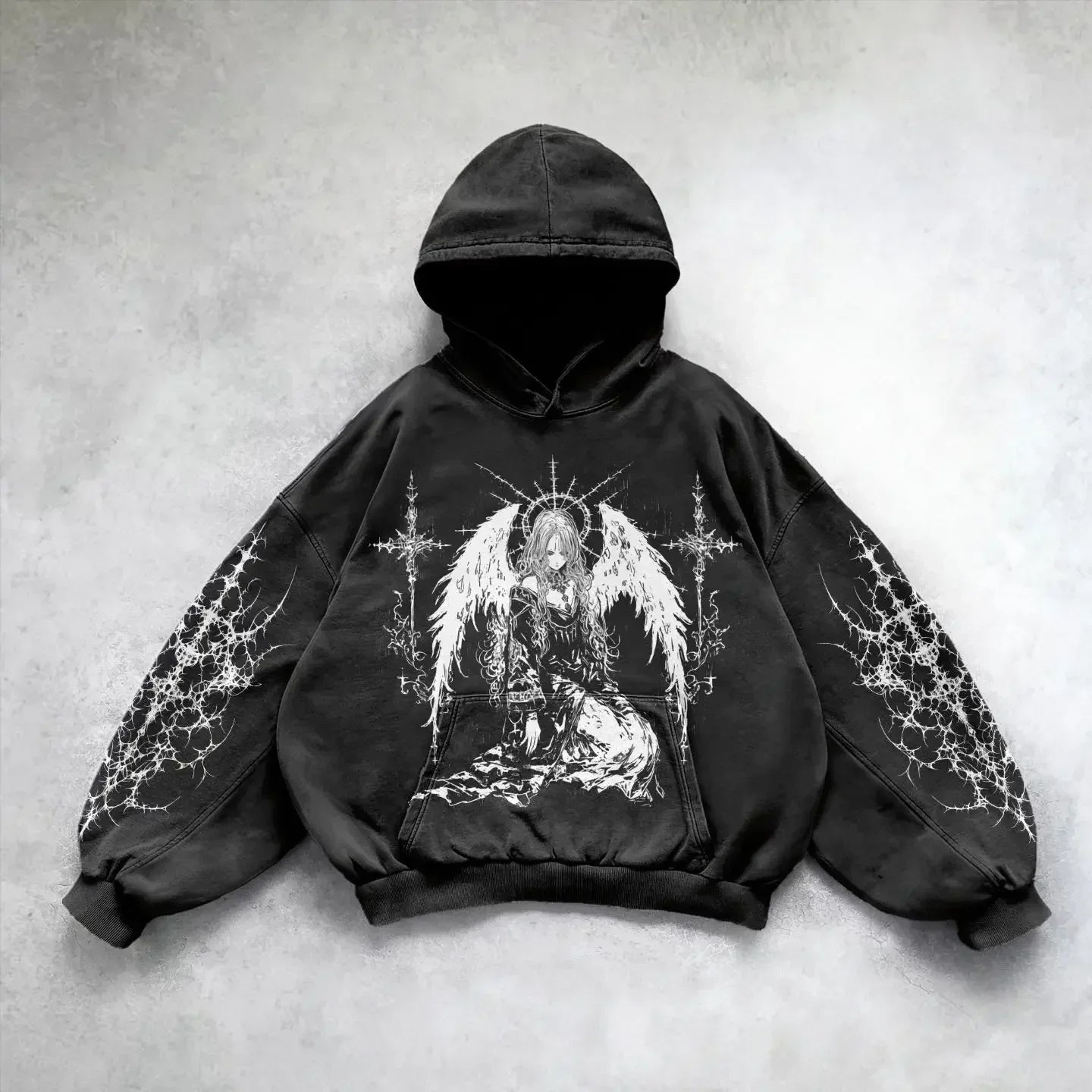 Harajuku y2k gothic white print design pattern black hoodie goth oversized hoodies women streetwear tops sweatshirt men clothing