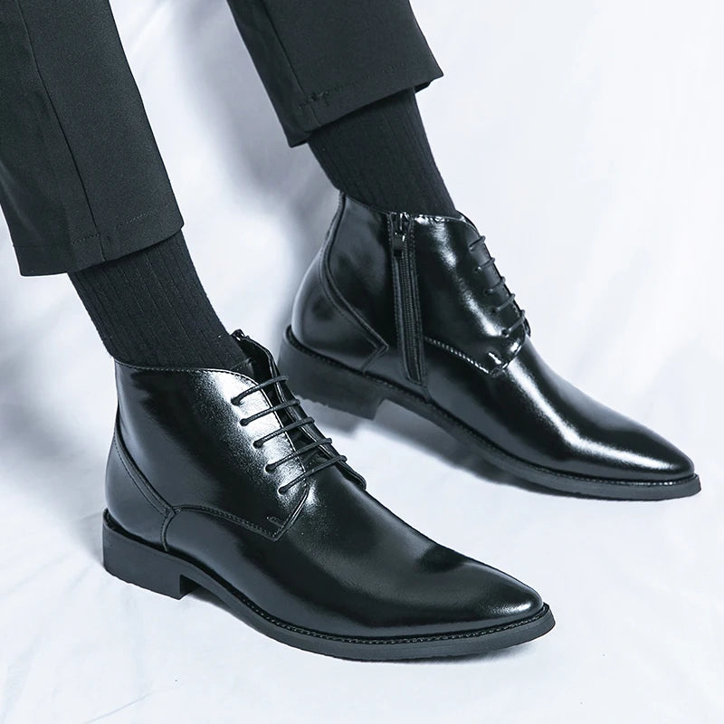Leather Boots Men Zip Lace-up High Top British Versatile Men Fashion Business Dress Social Boots Mens Platform Casual Men Boots
