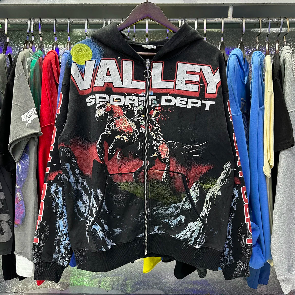 V Valley Sport Dept Knight Waed Cement Print Vintage Hoodie Zipper Open Cardigan Sweatirt Trendy Youth Casual Wear