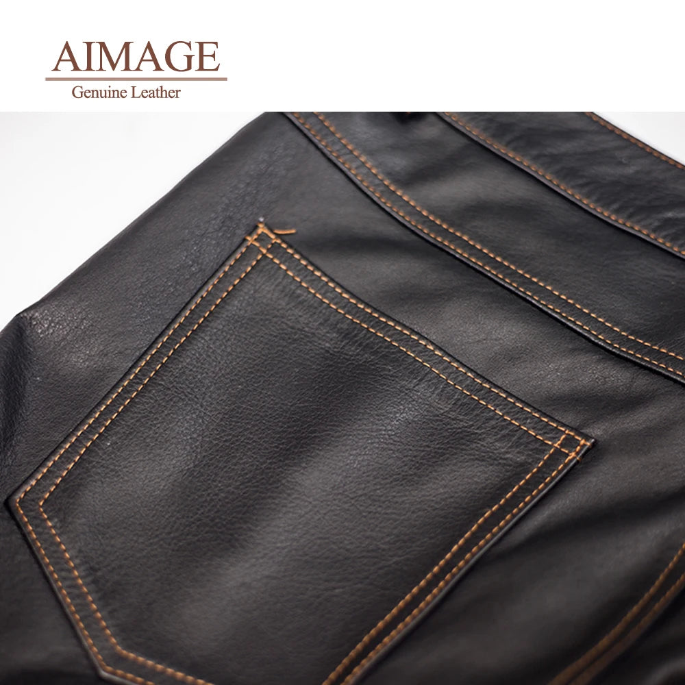 Genuine Real cow leather pant Men's motorcycle leather trousers кожаные штаны leather pants for men pantalon cuir homme