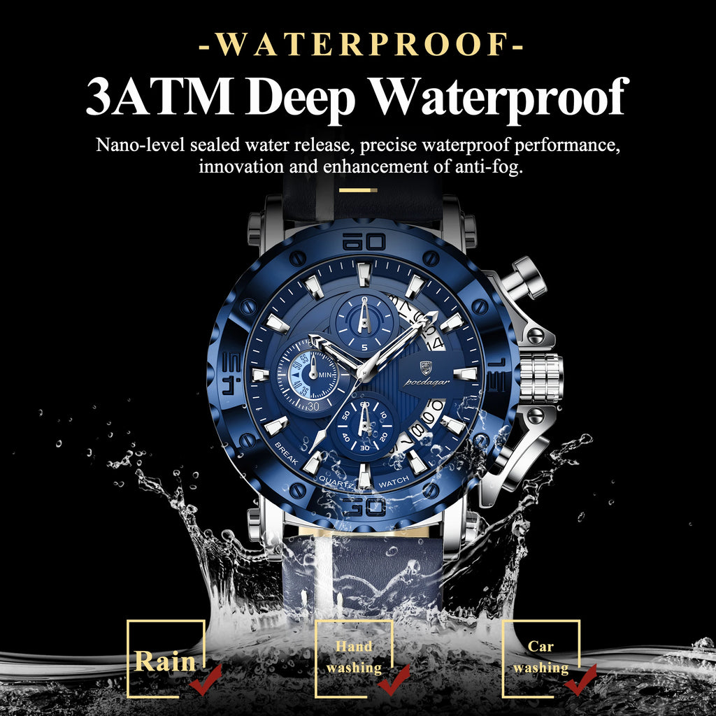 POEDAGAR Sports Watches For Man Waterproof Luminous Date Male Clock Chronograph Leather Quartz Functional Men's Wristwatch Reloj