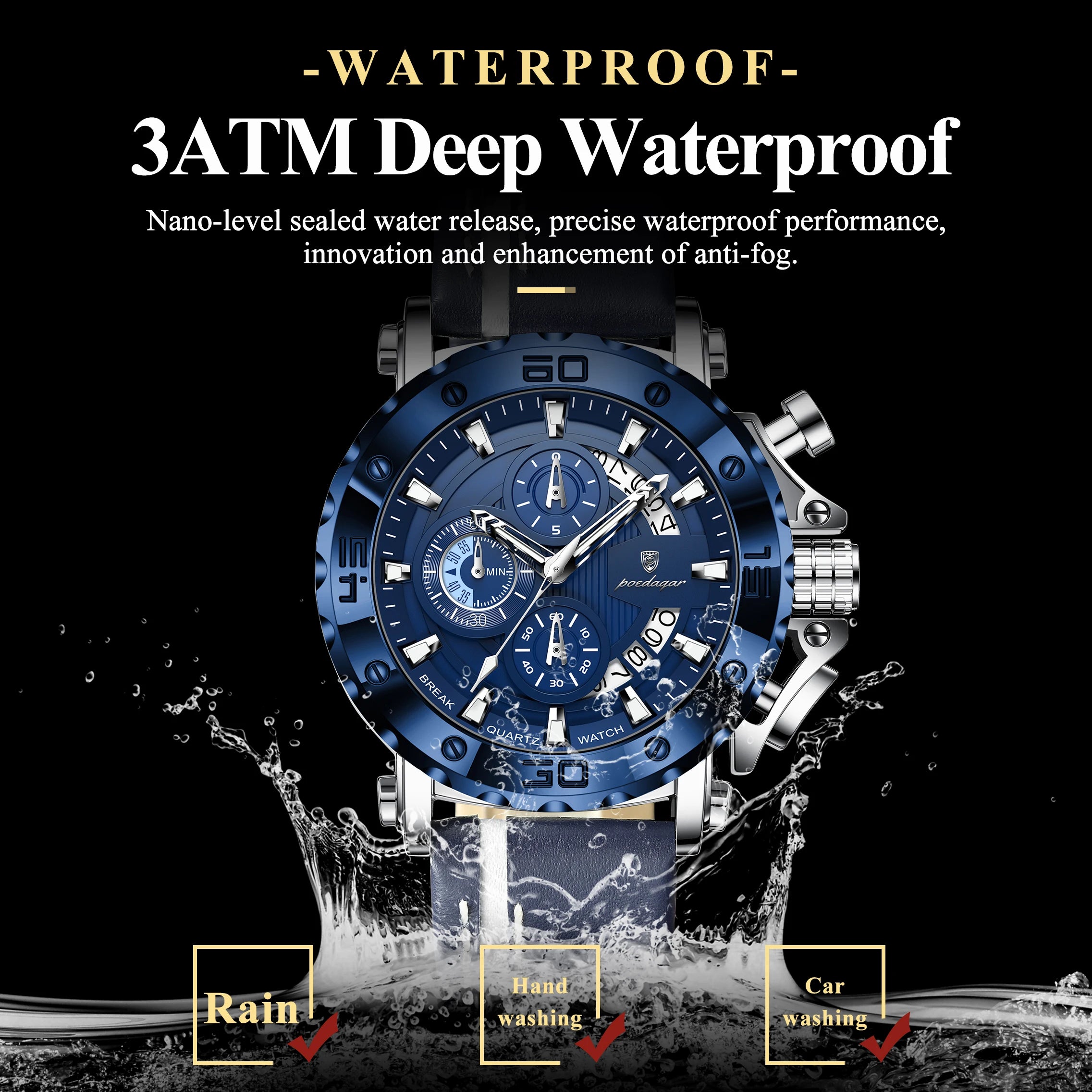 POEDAGAR Sports Watches For Man Waterproof Luminous Date Male Clock Chronograph Leather Quartz Functional Men's Wristwatch Reloj