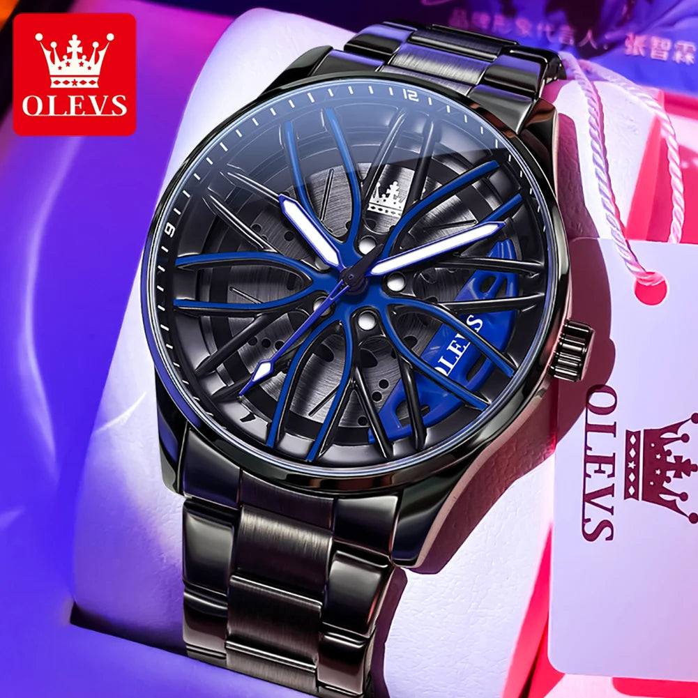 OLEVS 9937 Quartz Watch for Men Fashion 3D Hollow Wheel Rotary Dial Black Stainless Steel Waterproof Luminous Sports Wristwatch