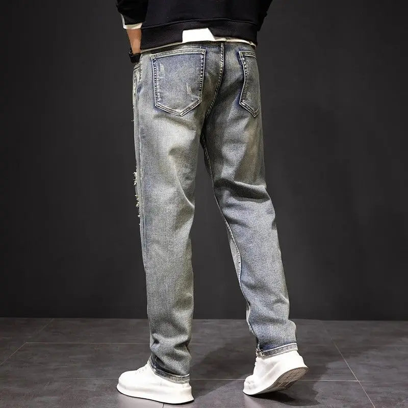 High-End Embroidered Vintage Ripped Denim Jeans Men's Trendy Brand New 2025 Slim Straight Large Size Elastic Long Pants