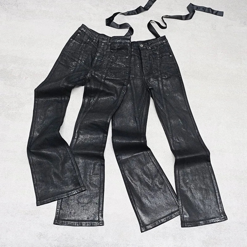 RO Style Wax Pants Men's Handmade Brushed Wax Pentagram Wax Surface Coating Horn High Elasticity Jeans Pant Dark