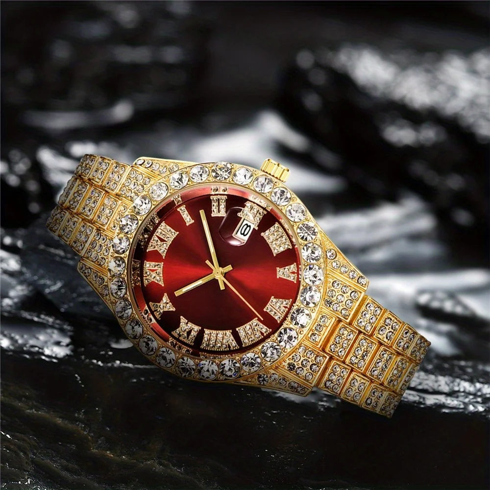 Mens Hip Hop Watch VintagInspired Retro Quartz Timepiece with Oversized Rhinestone Dial and Durable Stainless Steel Band for Men