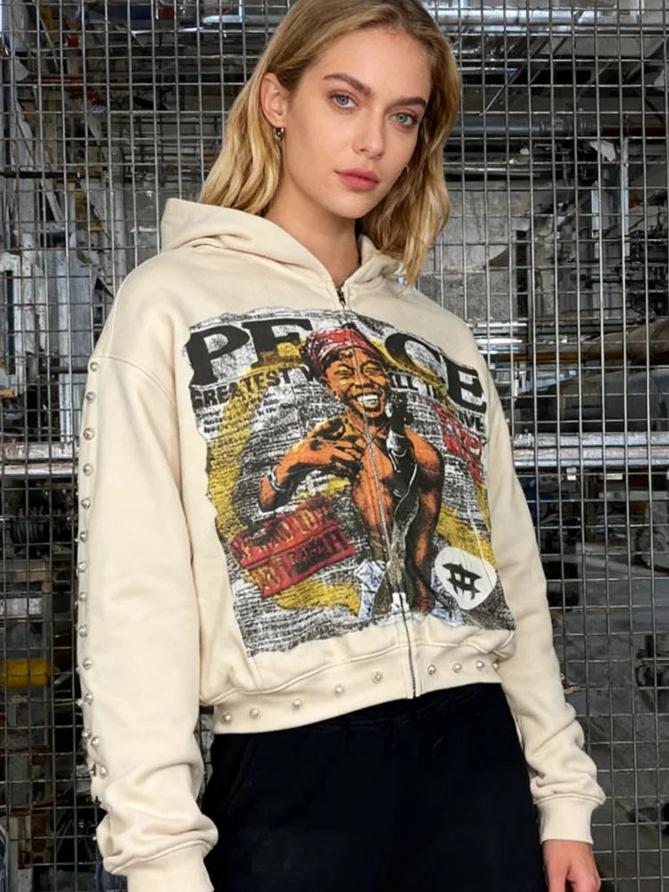 Y2K Aesthetic Pattern Print Hoodie Vintage Punk Gothic Couple Pearl Graffiti 2000s Streetwear