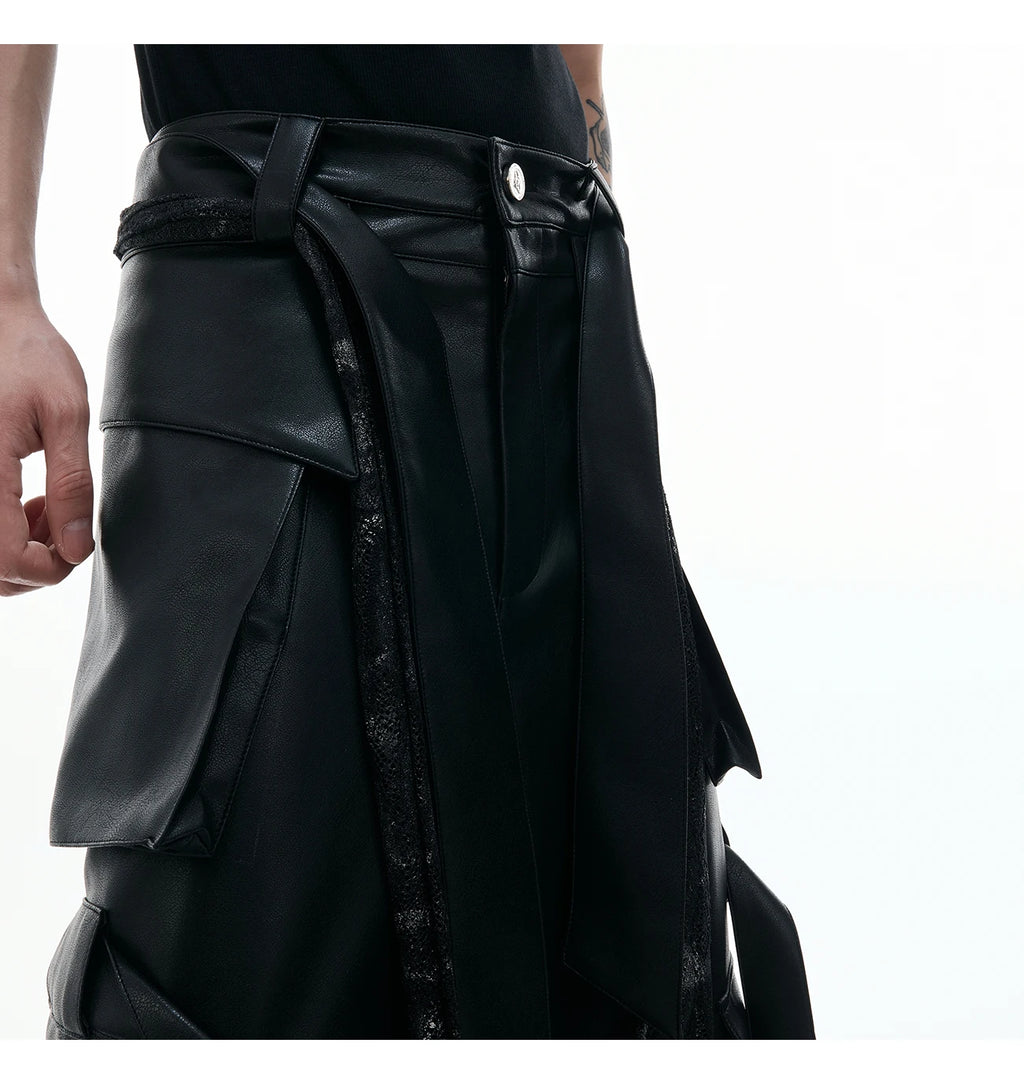 Mauroicardi Autumn Cool Long Baggy Black Pu Leather Wide Leg Cargo Pants Men Many Pockets Luxury Designer Emo Clothes Streetwear