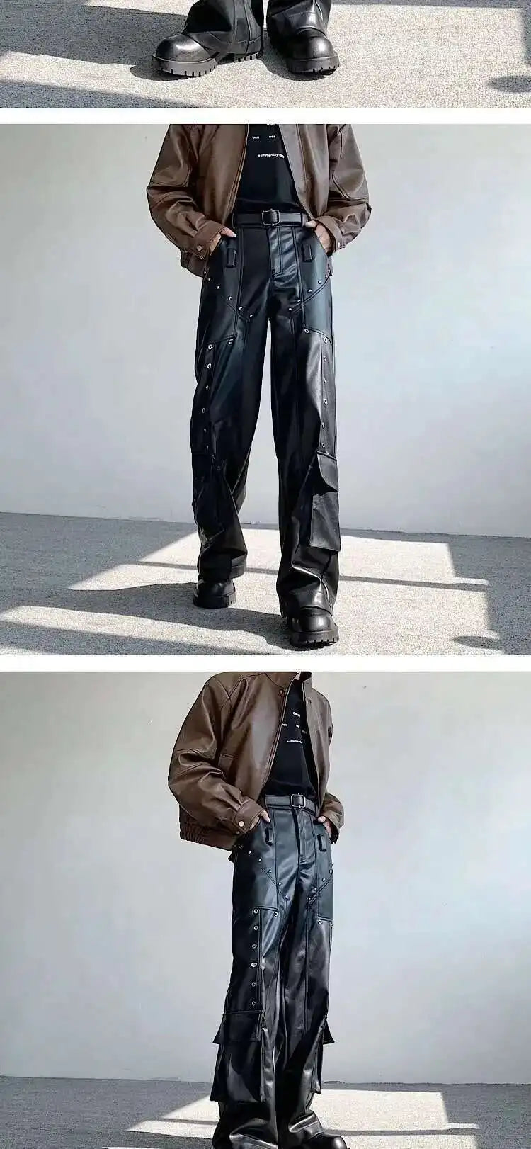 IEFB Spring Men's Leather Trousers Rivet Niche Design PU Casual Pants Solid Color Wide Leg Male Streetwear Niche Design 24X3131