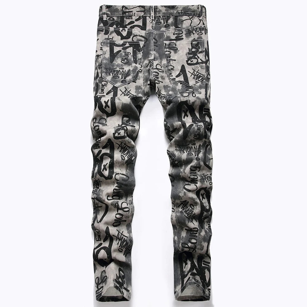 Men Graffiti Print Jeans Fashion Painted Stretch Cotton Denim Pants Slim Straight Trousers