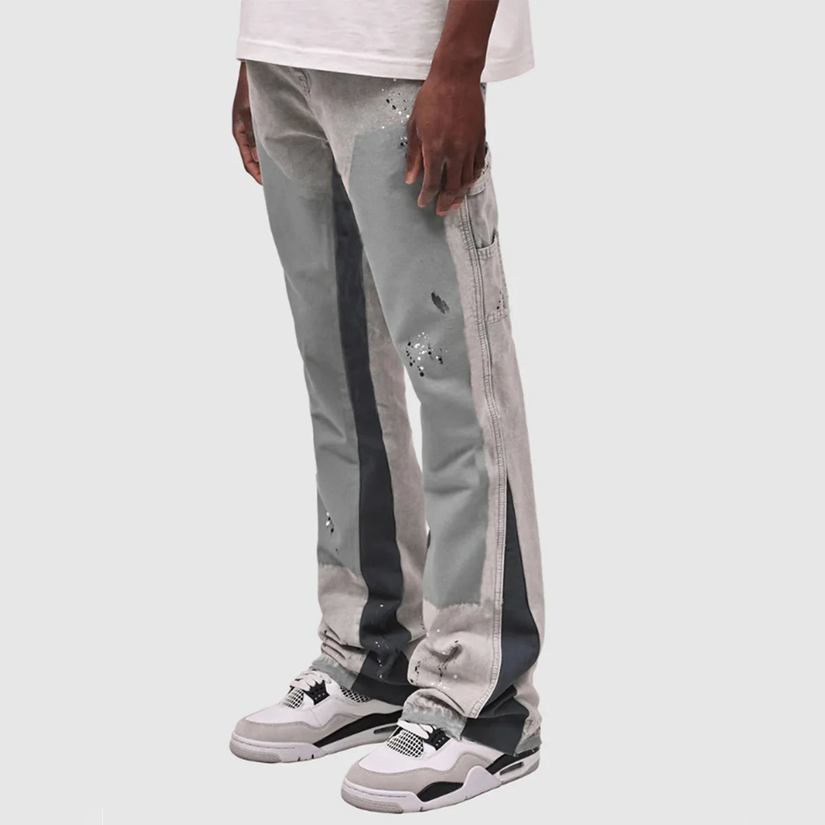 Men's Denim Work Pants workwear, Elastic Patch Denim Layered Flared Pants, Spring New Style