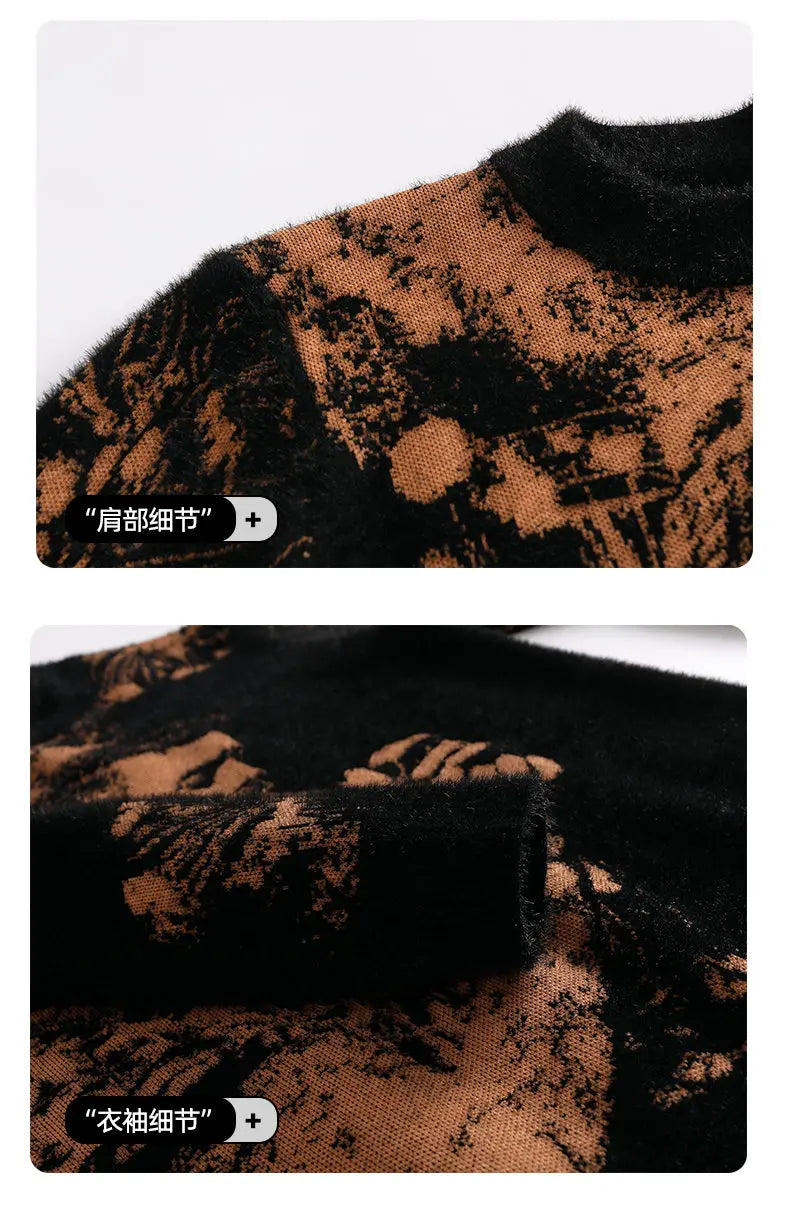 Retro Men's Printed Slim Knit Sweater for Men's Base, 2025 Brand Premium Tops, High-quality Men's Plus Size Warm Sweater
