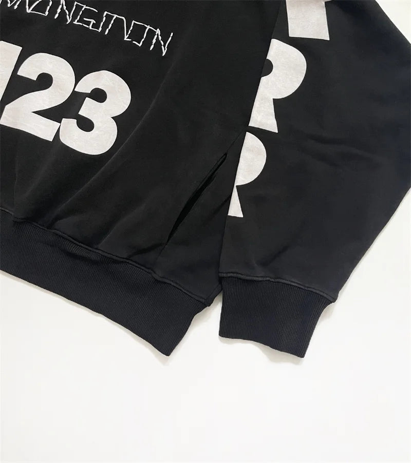 Heavyweight Fabric RRR123 Digital Embroidery Hooded Sweatshirt Washed Black Oversized Men Women Premium Quality Hoodie
