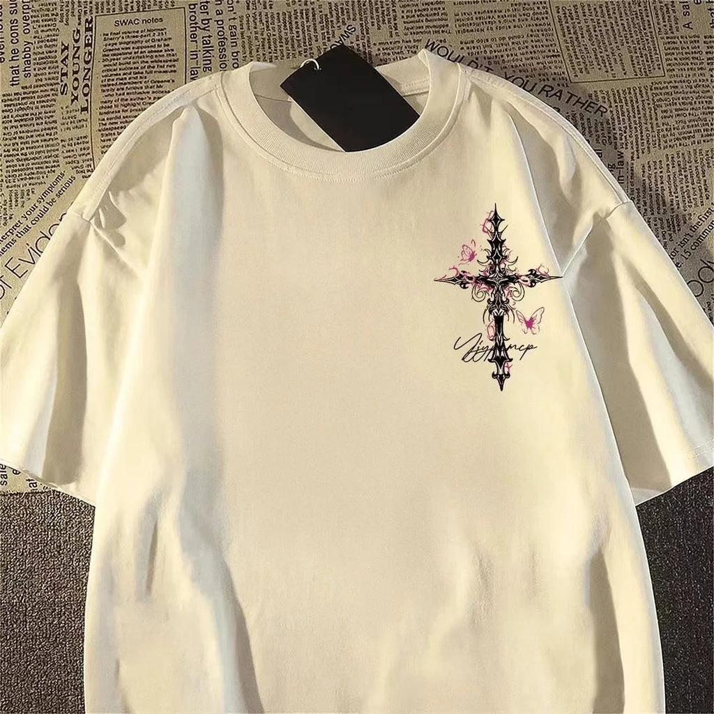 Hip-hop Cross Print Loose Short-sleeved T-shirt for Men and Women, American High Street Style for Summer