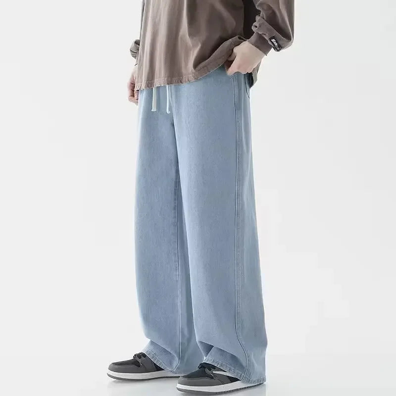 Fashion Men's Solid Color Drape Jeans Loose Straight Korean Vintage High Street Hip-hop Casual Daily Dragging Wide-leg Pants