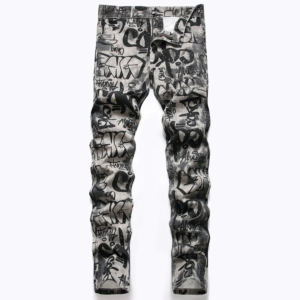 Men Graffiti Print Jeans Fashion Painted Stretch Cotton Denim Pants Slim Straight Trousers