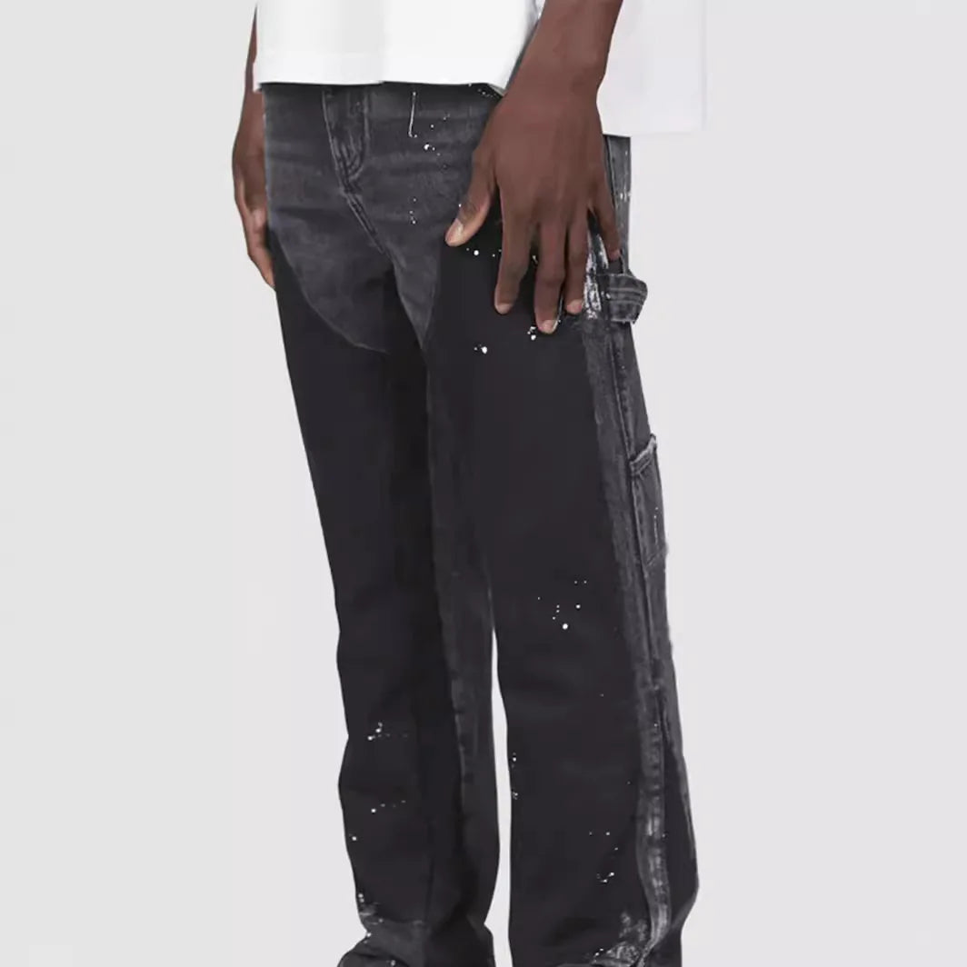 Men's Denim Work Pants workwear, Elastic Patch Denim Layered Flared Pants, Spring New Style