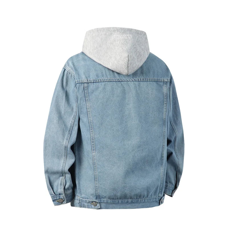 Men Hooded Denim Jacket Men Streetwear Turn Down Collar Outwear Coat Male Retro Motorcyle Jackets Man Patchwork Bomber Jacket