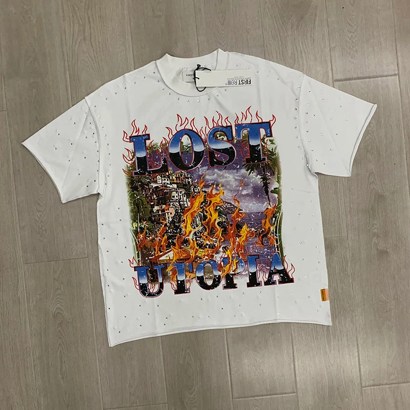 Casual FIRST ROW T-Shirts Washed  Street Fashion American Style Hot Drill Letters Mens Womens High Quality Short Sleeves Tee