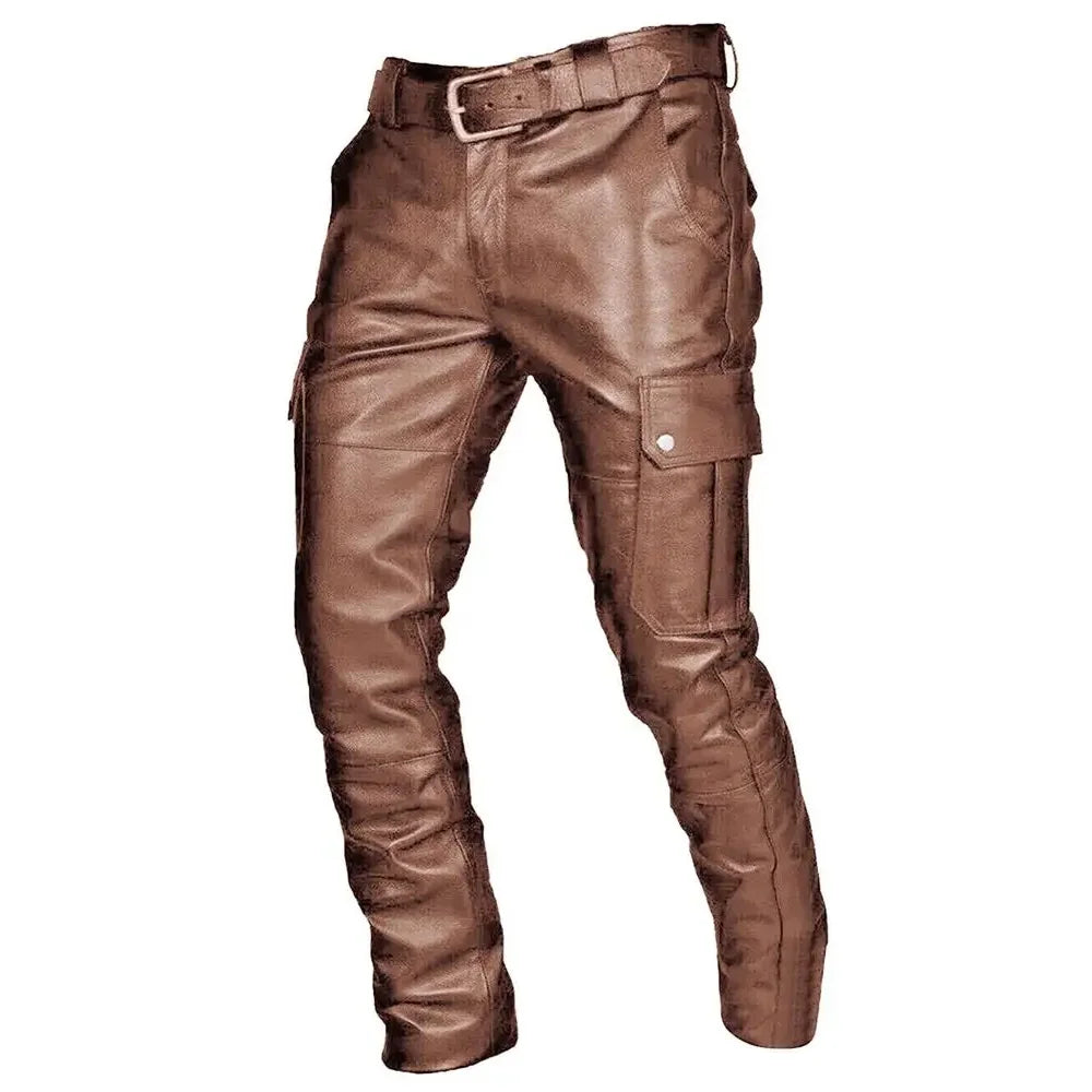 Fashion Faux Leather Pants Men Casual Streetwear Biker PU Pants Motorcycle Multi-Pocket Trousers Spring Autumn Waterproof Pants