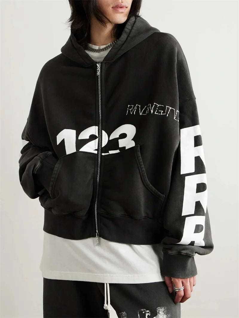Heavyweight Fabric RRR123 Digital Embroidery Hooded Sweatshirt Washed Black Oversized Men Women Premium Quality Hoodie