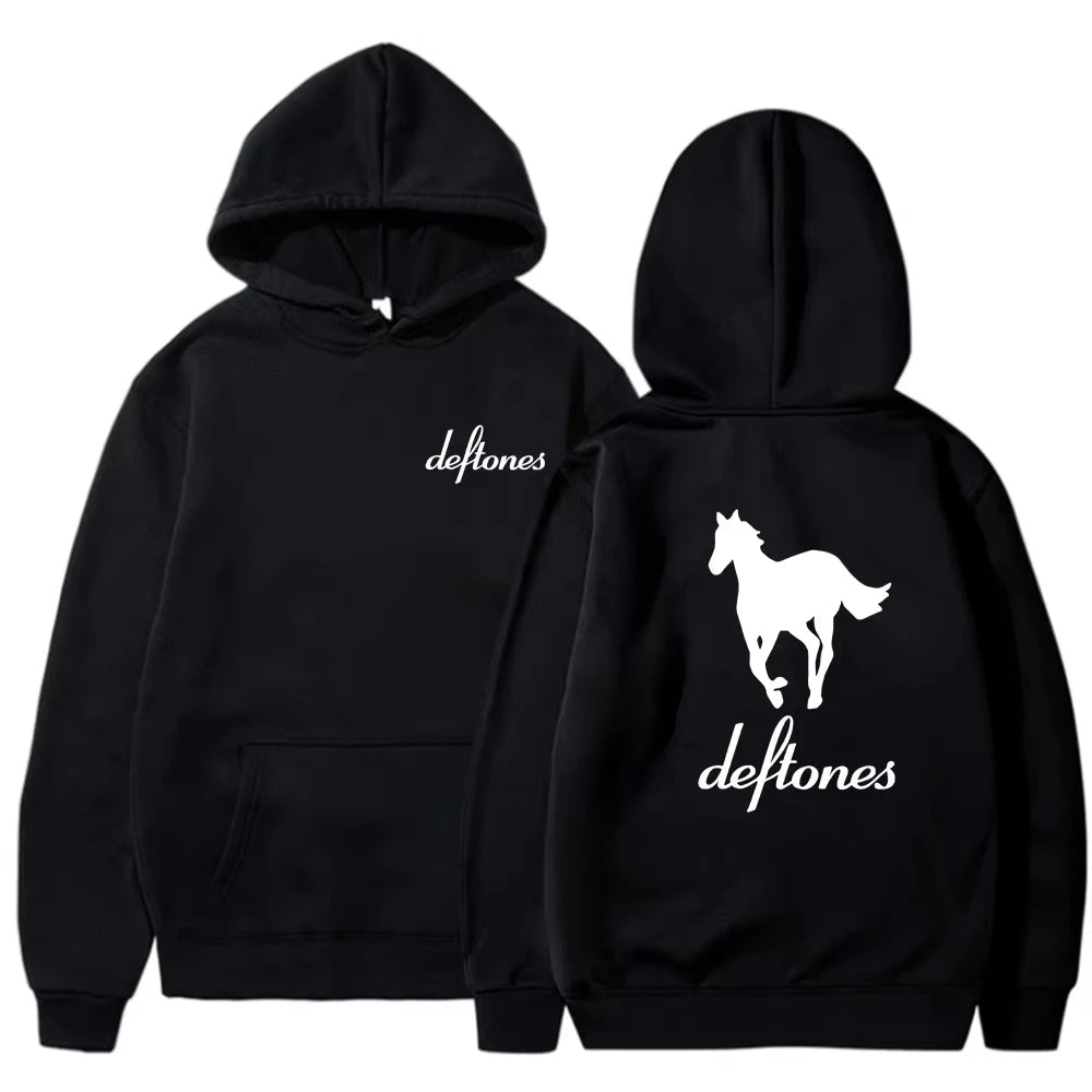 European and American fashion trend, long sleeved hooded top, men's loose hoodie Deftones white horse print