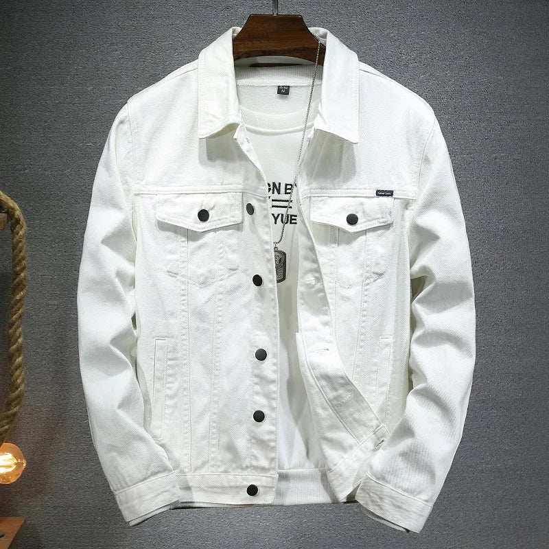 2024 Spring Men Solid Lapel Denim Jackets Fashion Motorcycle Jeans Jackets Hommes Slim Fit Cotton Casual Black White Coats
