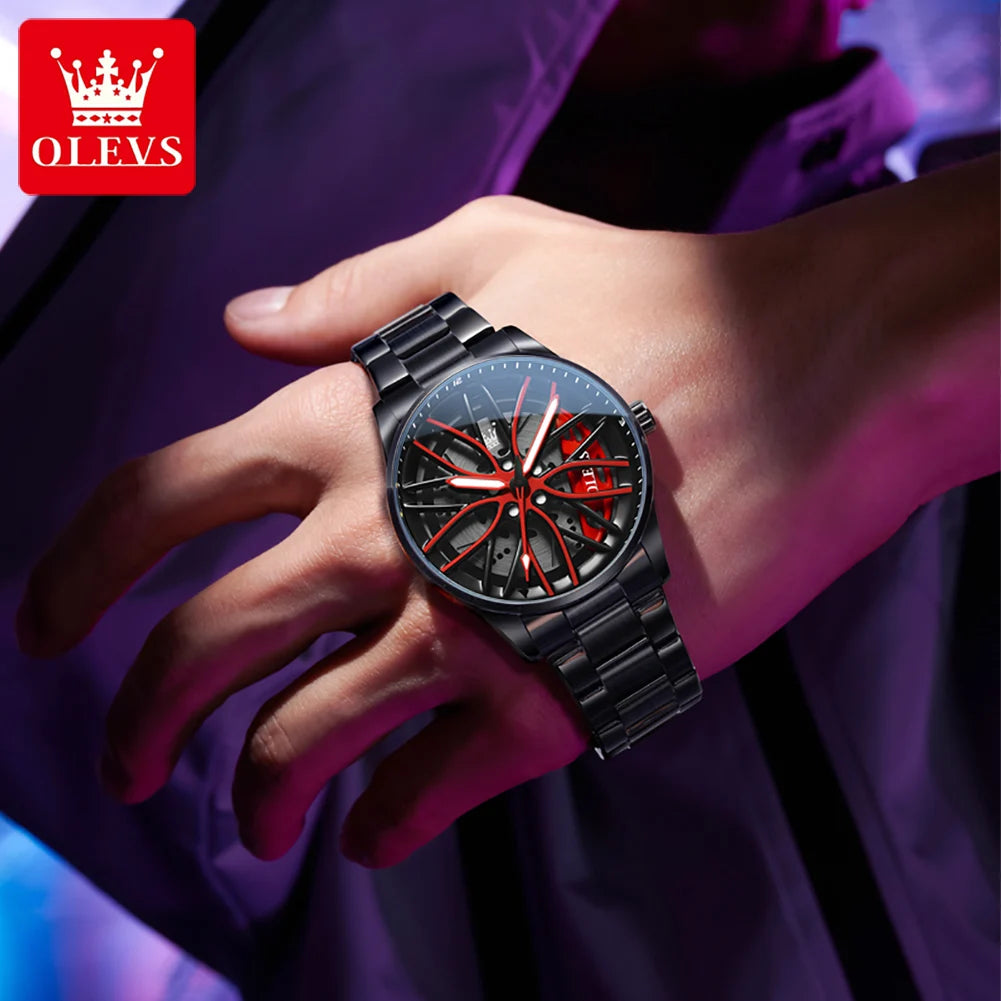 OLEVS 9937 Quartz Watch for Men Fashion 3D Hollow Wheel Rotary Dial Black Stainless Steel Waterproof Luminous Sports Wristwatch