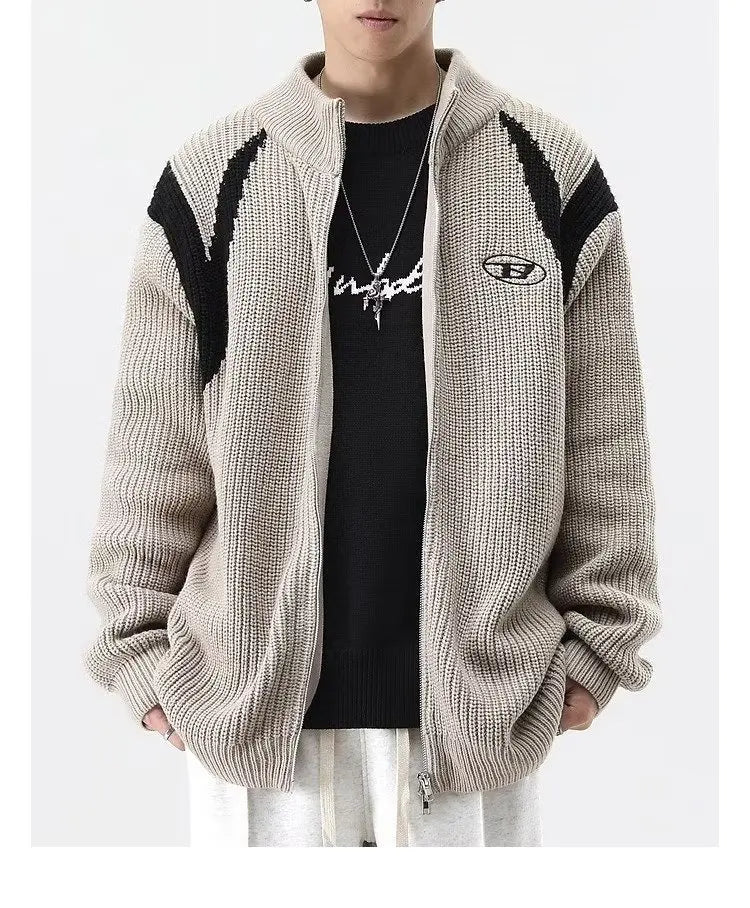 Double Zipper Cardigan Sweater Men Women Retro Loose Knitted Jumpers Autumn Streetwear Harajuku Street Color Block Jacket New