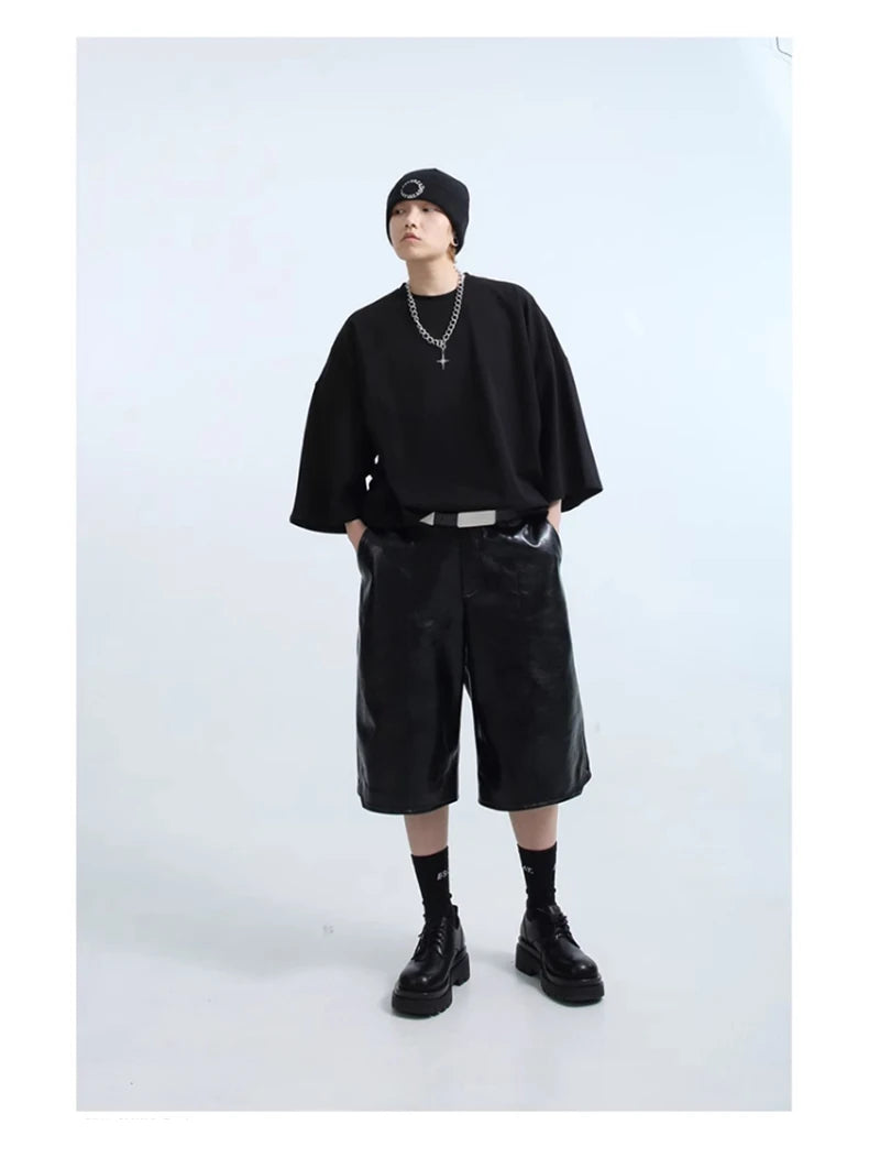 Mauroicardi Spring Summer Loose Casual Soft Black Pu Leather Shorts for Men Mens Elastic Waist Short Straight Pants Clothes 2023