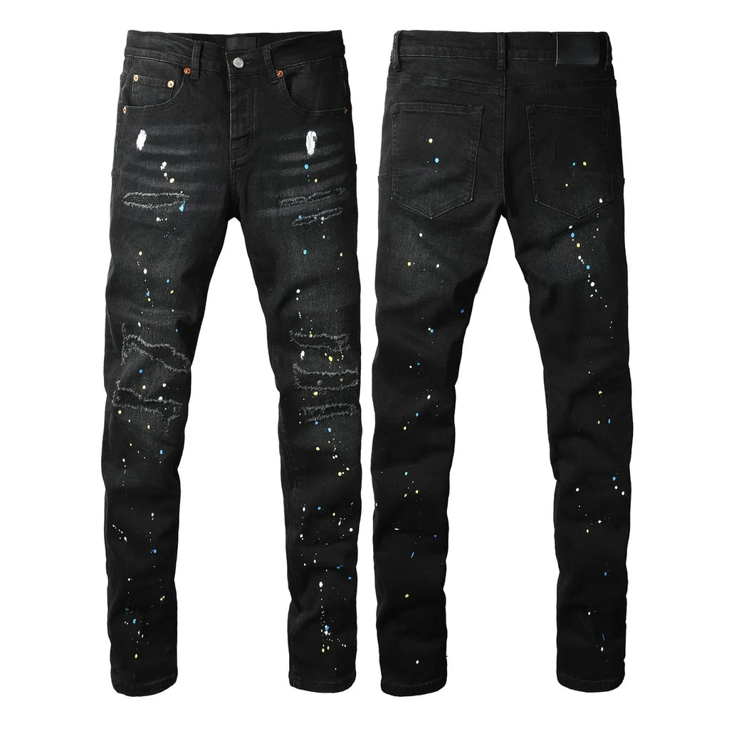 New Fashion Jeans Men High Street Black Splashing ink graffiti Distressed Hole Stretch Skinny Button Fly Ripped Jeans Brand