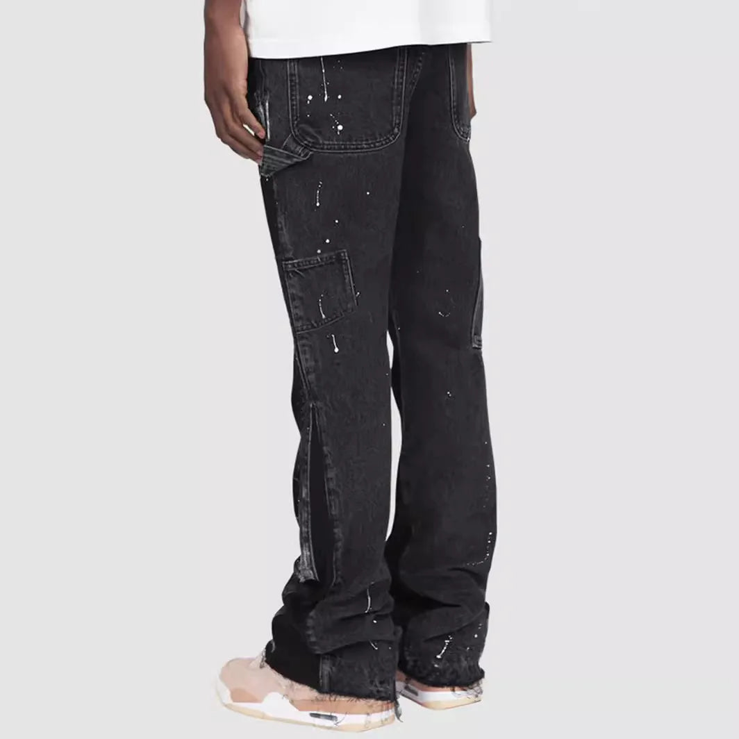 Men's Denim Work Pants workwear, Elastic Patch Denim Layered Flared Pants, Spring New Style