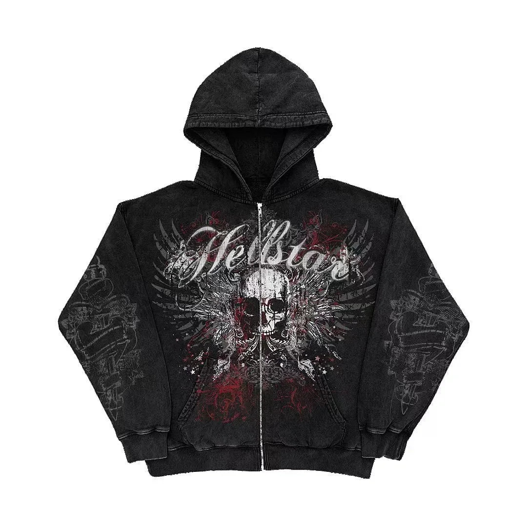Ecko Dark Gothic Skull Eye Print Hoodie Men Women Streetwear Punk Oversize Black Sweatshirt Distressed Artistic Casual Pullover